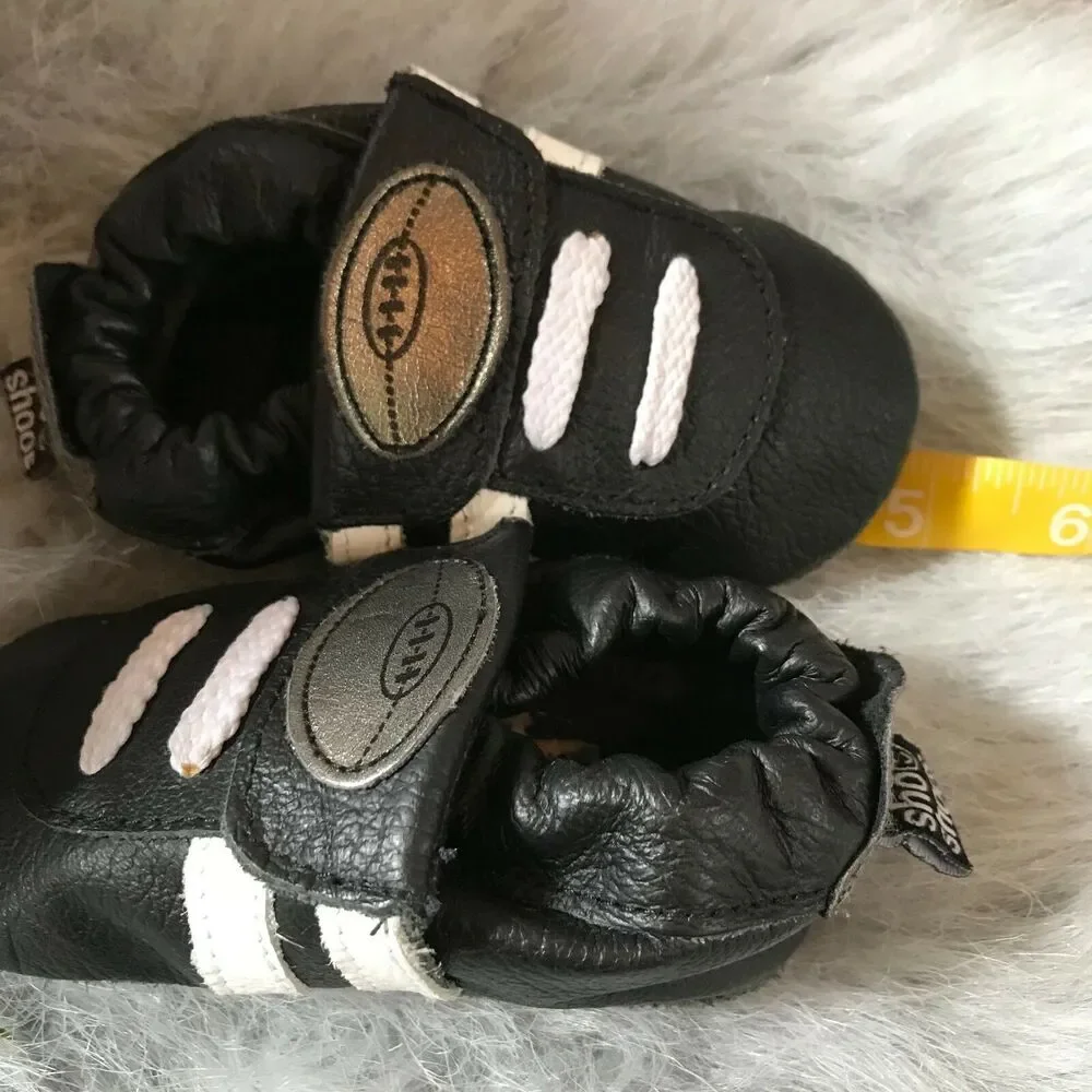 Shoo Shoos Boys Moccasins Size 6-12 Mo Black White Football Leather Soft Sole